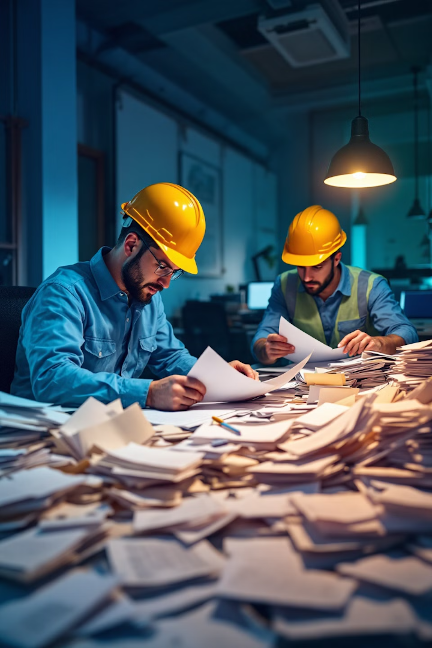 Trabalhadores com pilhas de documentos